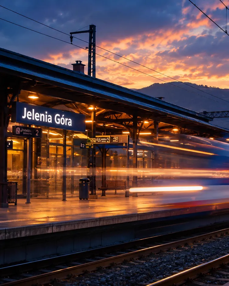Peron dworca Jelenia Góra o zmierzchu, rozmyty pociąg w ruchu.